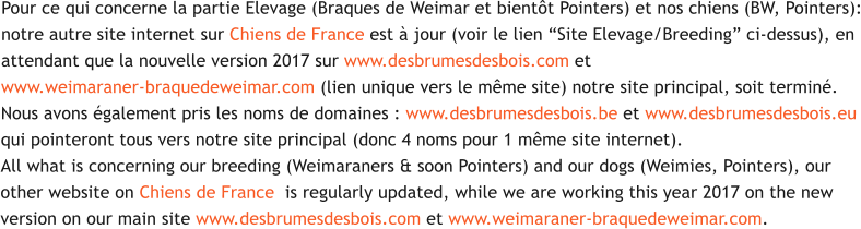 Pour ce qui concerne la partie Elevage (Braques de Weimar et bient�t Pointers) et nos chiens (BW, Pointers): notre autre site internet sur Chiens de France est � jour (voir le lien �Site Elevage/Breeding� ci-dessus), en  attendant que la nouvelle version 2017 sur www.desbrumesdesbois.com et  www.weimaraner-braquedeweimar.com (lien unique vers le m�me site) notre site principal, soit termin�.  Nous avons �galement pris les noms de domaines : www.desbrumesdesbois.be et www.desbrumesdesbois.eu qui pointeront tous vers notre site principal (donc 4 noms pour 1 m�me site internet). All what is concerning our breeding (Weimaraners & soon Pointers) and our dogs (Weimies, Pointers), our  other website on Chiens de France  is regularly updated, while we are working this year 2017 on the new  version on our main site www.desbrumesdesbois.com et www.weimaraner-braquedeweimar.com.